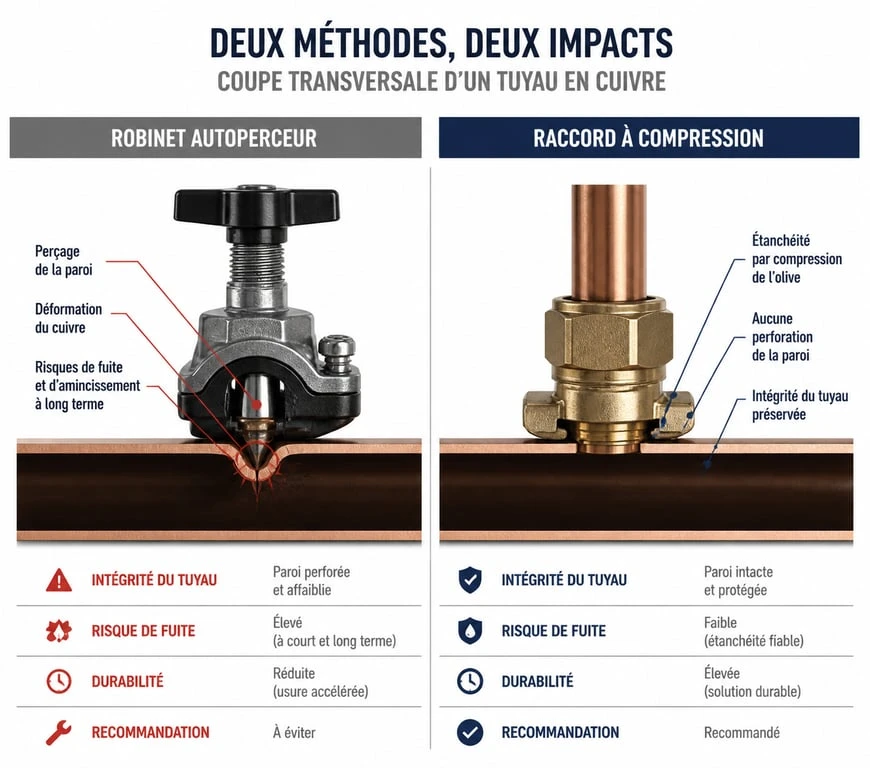 Comparaison technique entre un robinet autoperceur risqué et un raccord à compression conforme sur tuyau cuivre