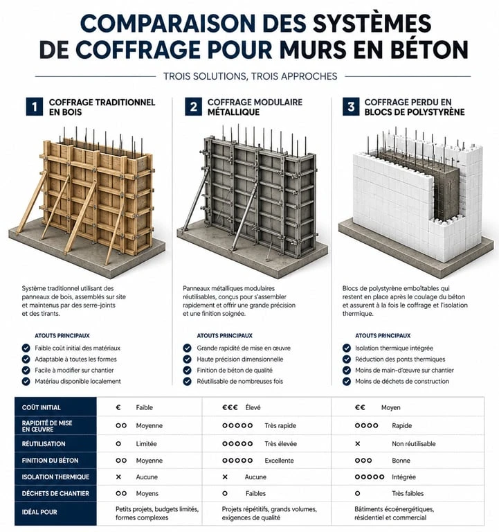 Comparatif des types de coffrage mur : traditionnel, modulaire et perdu