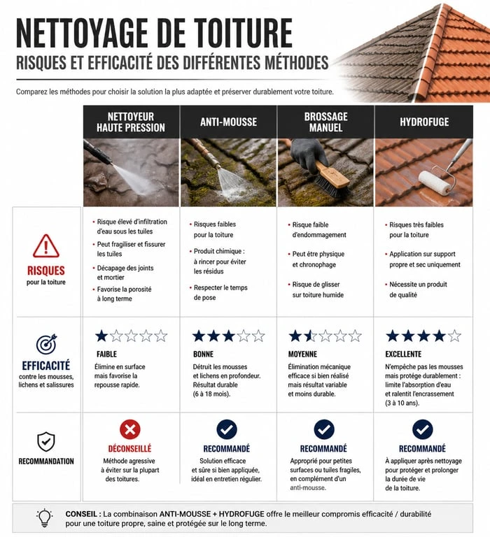 Comparatif des méthodes de nettoyage toiture et risques du Karcher