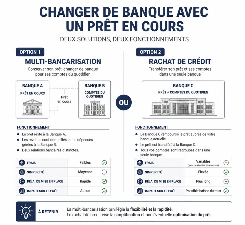Infographie comparant la multi-bancarisation et le rachat de crédit pour changer de banque avec un prêt en cours