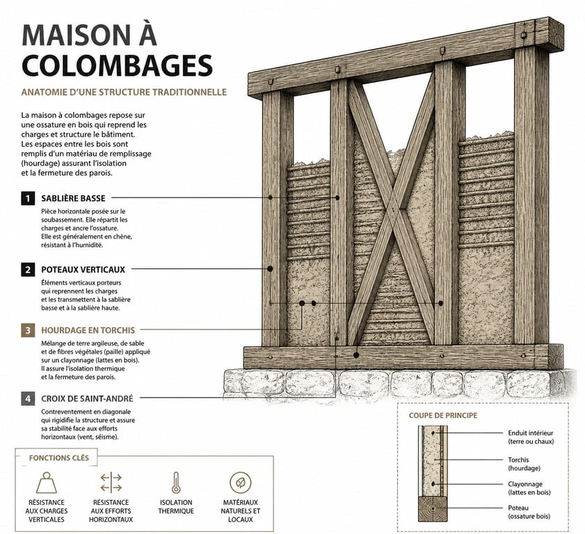 Schéma technique d'une structure de maison à colombages