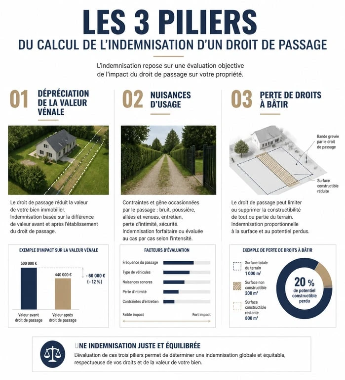 Infographie sur le calcul de l'indemnisation pour un droit de passage immobilier