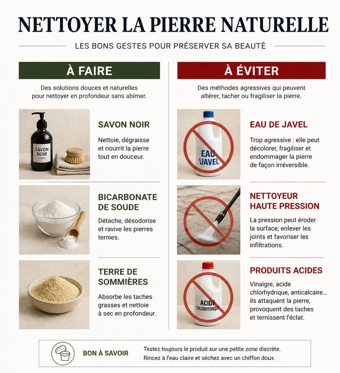 Infographie comparative des méthodes de nettoyage pour pierre naturelle : produits recommandés vs produits à éviter pour préserver la pierre.