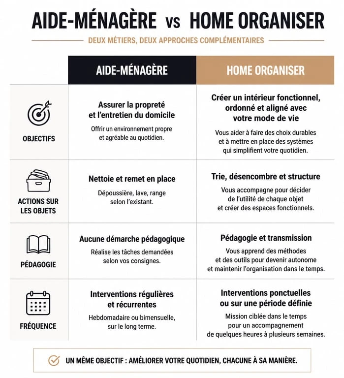 Infographie comparative entre aide-ménagère et home organiser pour aide rangement maison