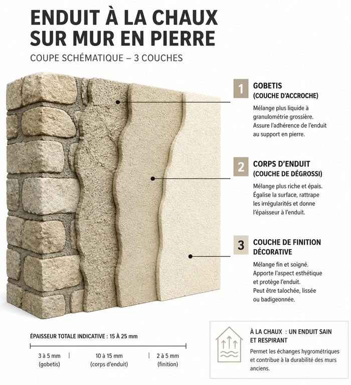 Schéma des trois couches d'un enduit à la chaux : gobetis, corps d'enduit et finition