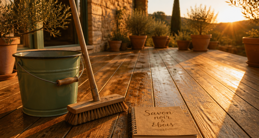 nettoyage terrasse bois savon noir seau balai