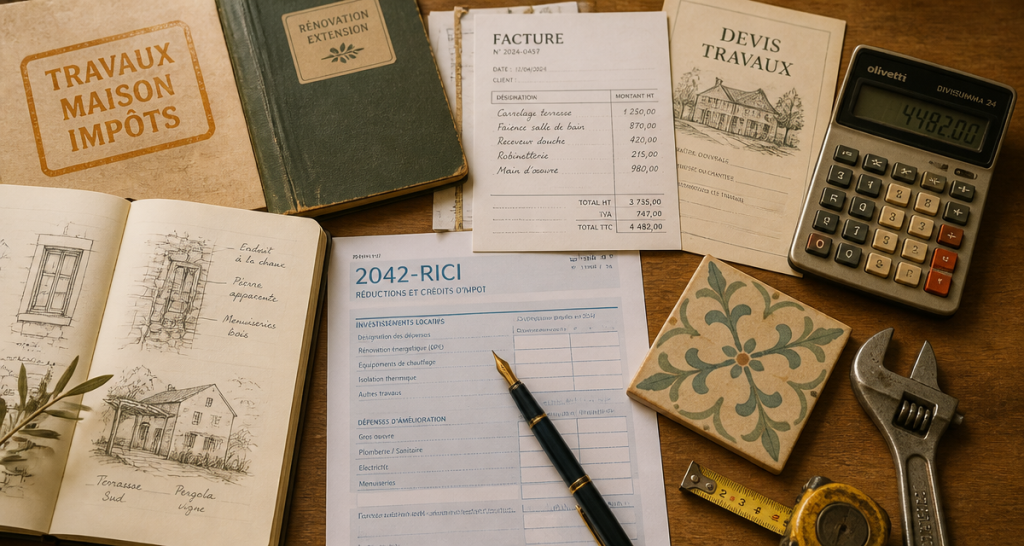 Travaux maison impots sur bureau avec outils et factures