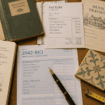 Travaux maison impots sur bureau avec outils et factures