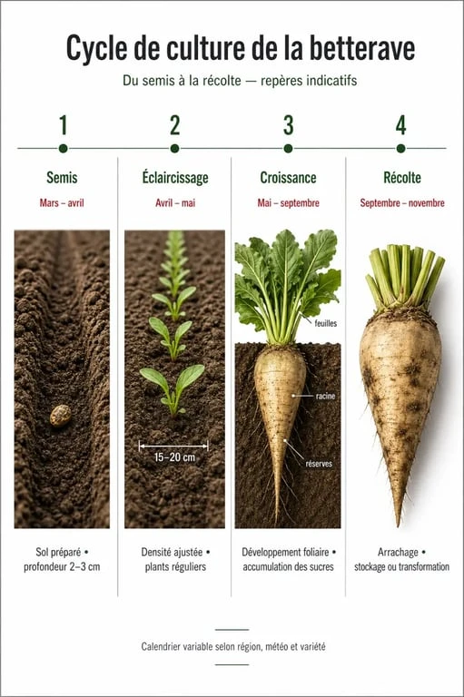 Infographie du cycle de culture de la betterave expliquant quand planter et récolter