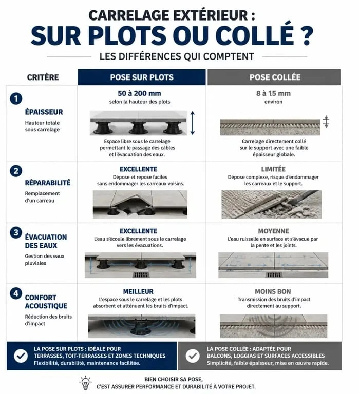 Tableau comparatif des inconvénients et avantages du carrelage sur plots par rapport à la pose collée