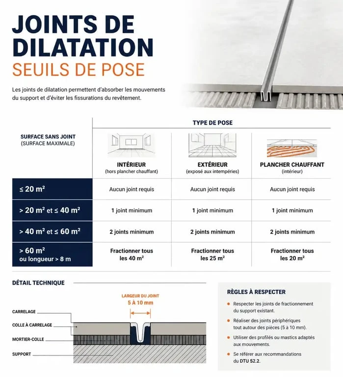 Infographie des seuils de pose pour joint de dilatation carrelage selon la surface et le type de sol
