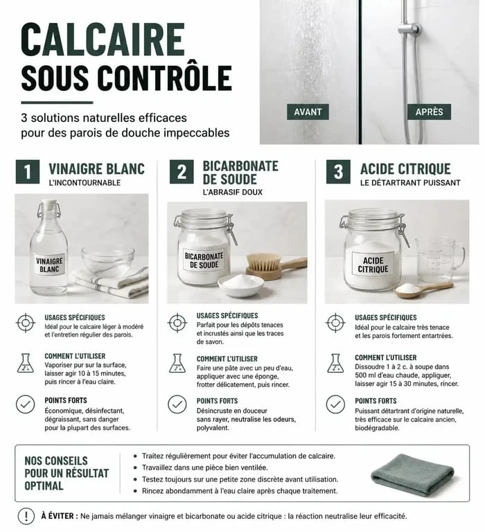 Infographie comparative des méthodes naturelles pour enlever le calcaire sur les parois de douche