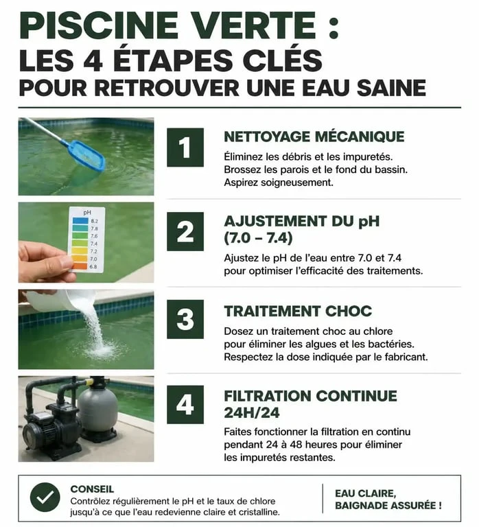 Infographie des étapes de traitement pour une piscine verte : nettoyage, ajustement du pH et filtration