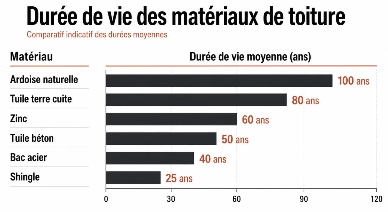 Infographie comparative de la durée de vie des matériaux de toiture : ardoise, tuile, zinc et bac acier