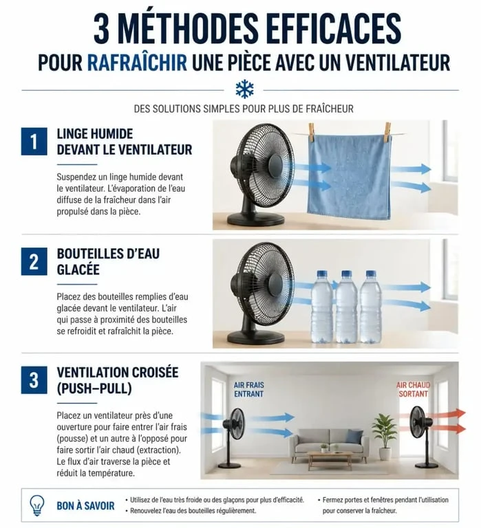 Infographie montrant comment rafraîchir une pièce avec un ventilateur efficacement