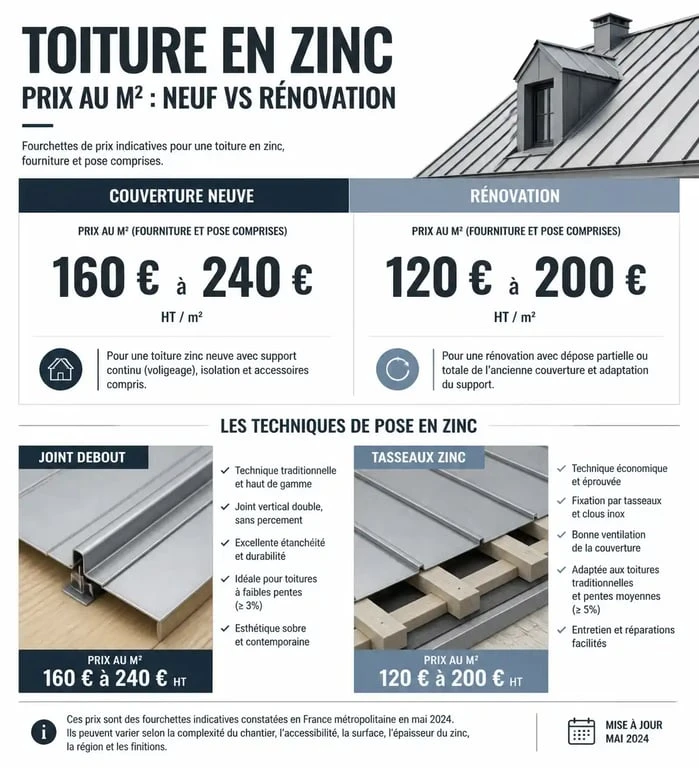 Infographie des prix au m² pour une toiture en zinc : comparaison des coûts de pose et techniques de couverture.