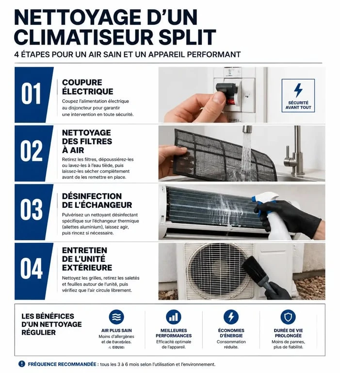 Infographie des étapes de nettoyage d'un climatiseur pour un entretien efficace