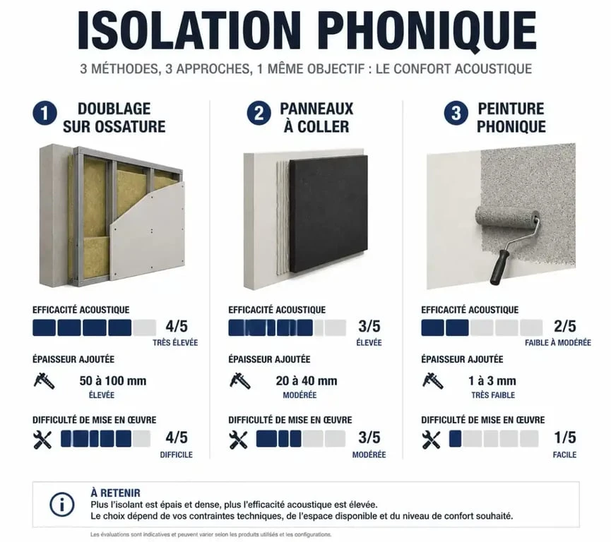 Infographie comparative des solutions pour isoler phoniquement une pièce : efficacité, épaisseur et difficulté de mise en œuvre.