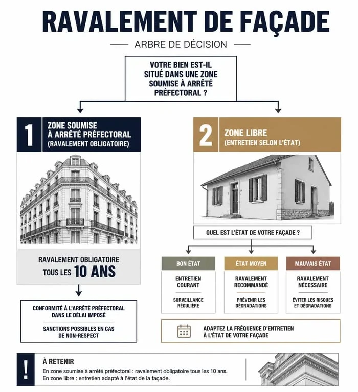 Infographie sur la fréquence du ravalement de façade : obligations légales et entretien préventif