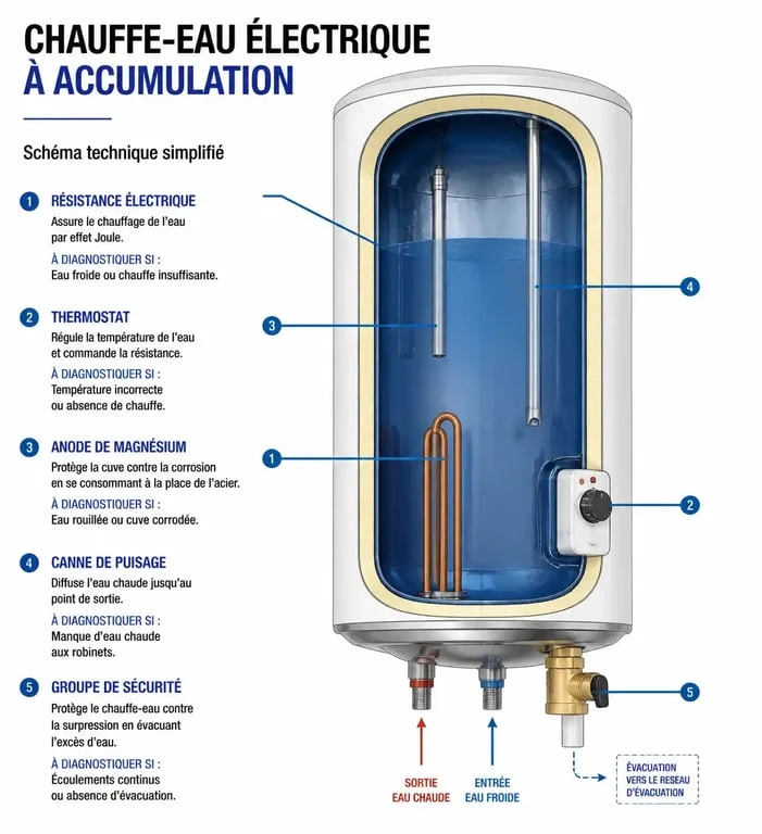 Schéma des composants d'un chauffe-eau électrique pour le diagnostic de panne d'eau chaude