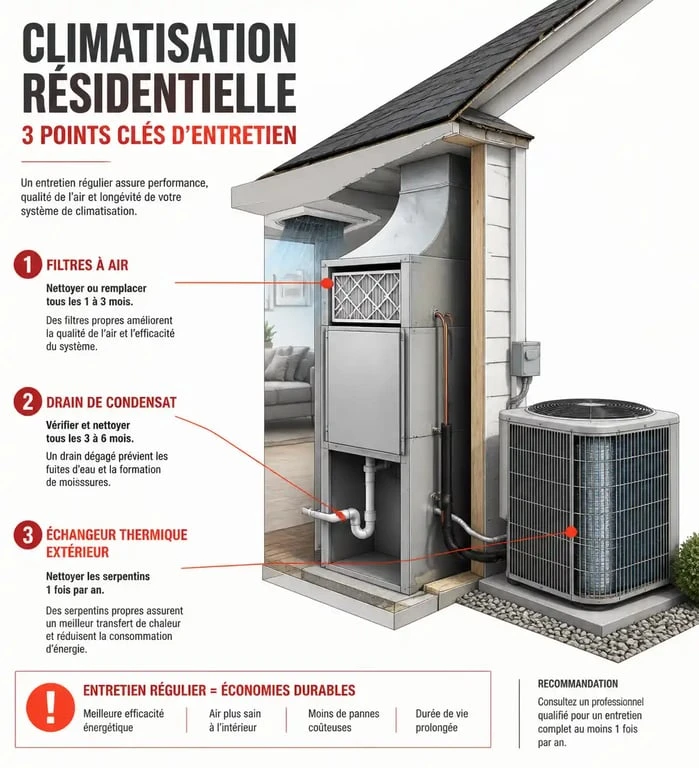 Schéma technique des points d'entretien essentiels pour un climatiseur réversible