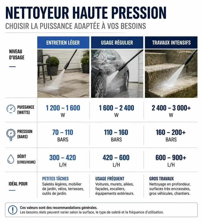 Infographie des paliers de puissance, pression et débit pour choisir son nettoyeur haute pression Karcher selon l'usage