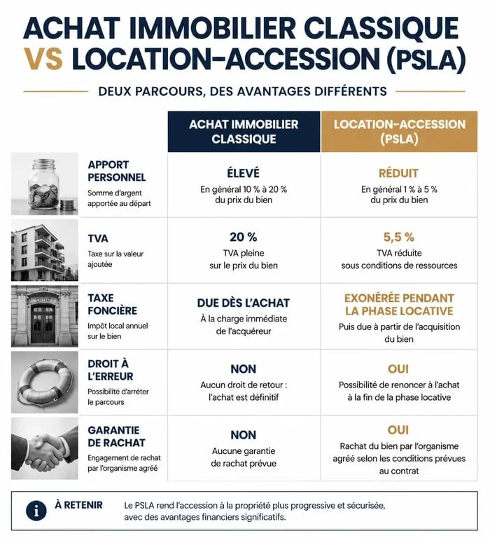 Tableau comparatif des avantages de la vente locative et du PSLA par rapport à un achat immobilier classique