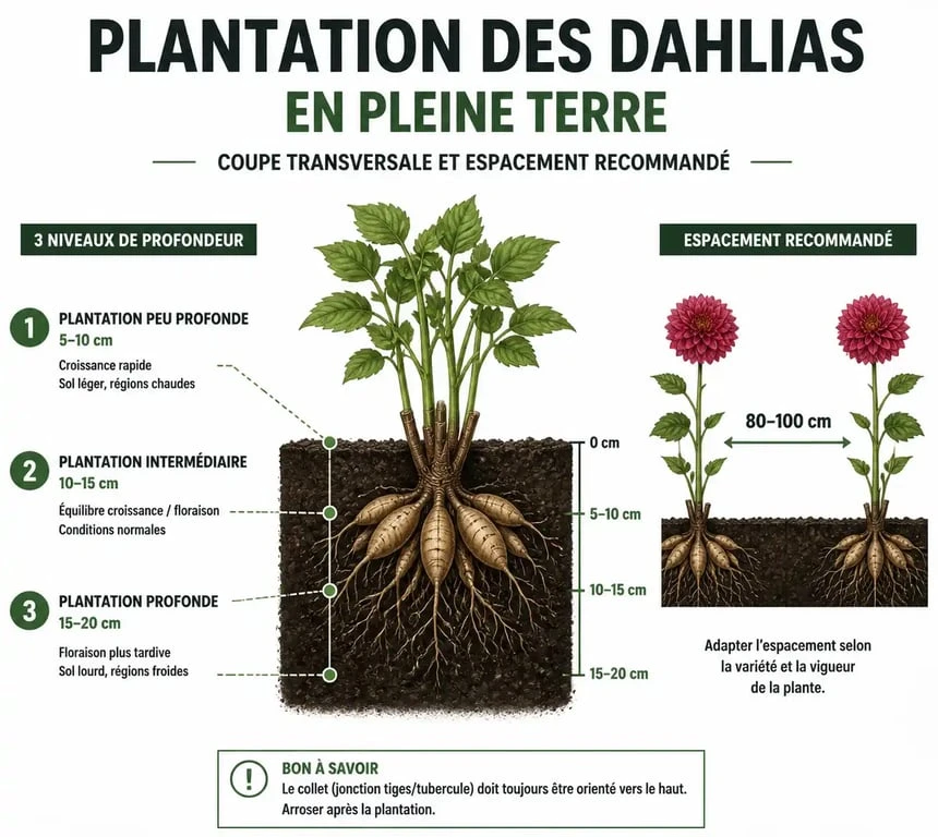 Infographie sur la profondeur et l'espacement pour planter les dahlias en pleine terre