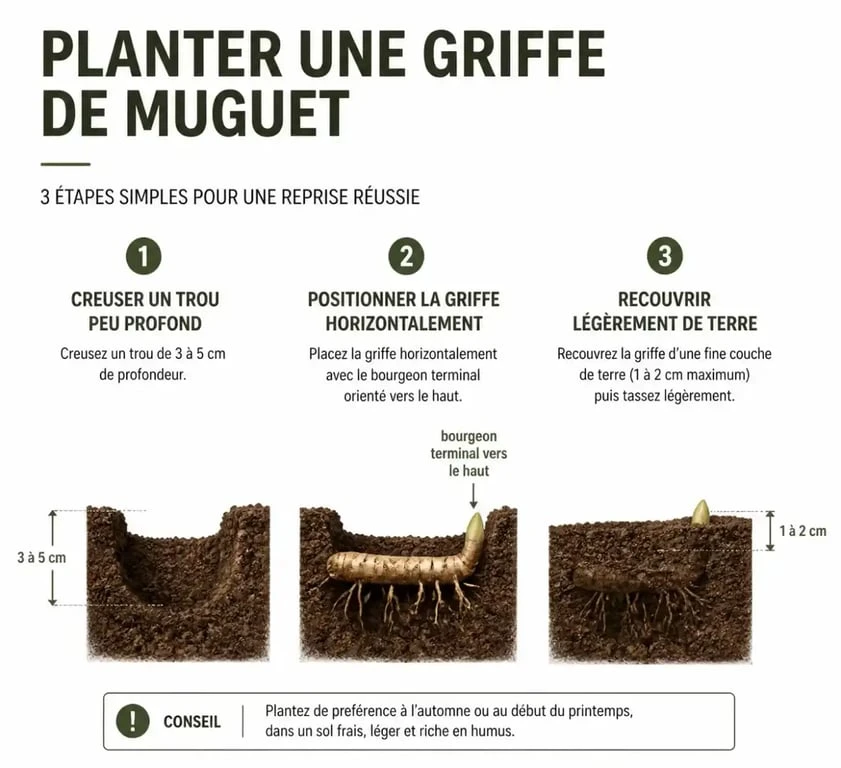 Étapes de plantation du muguet : positionnement des griffes dans le sol pour une floraison réussie