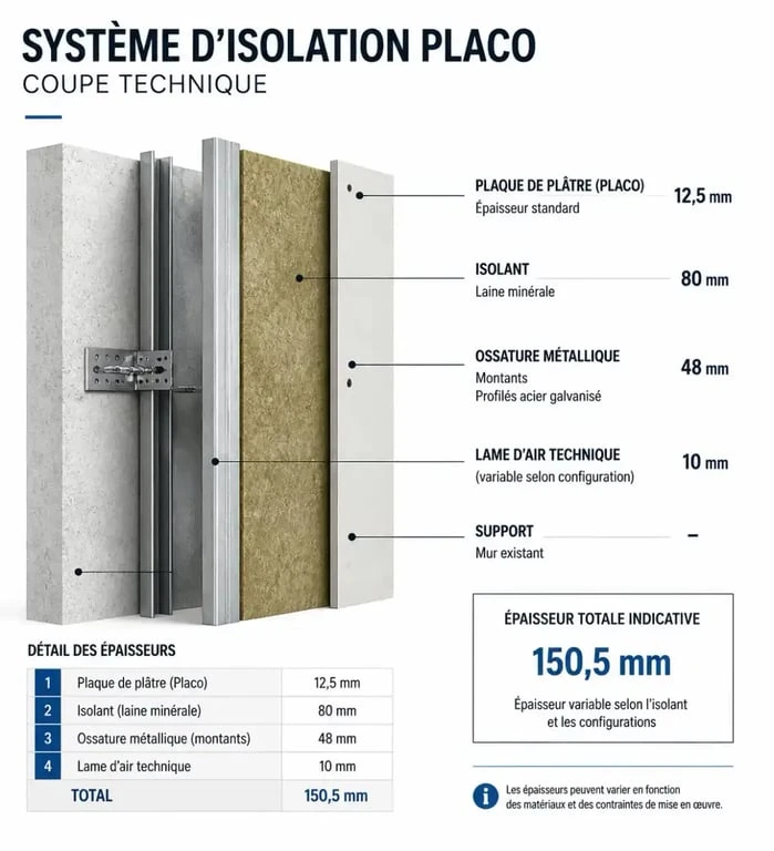 Schéma des épaisseurs d'isolation placo pour cloisons et doublages