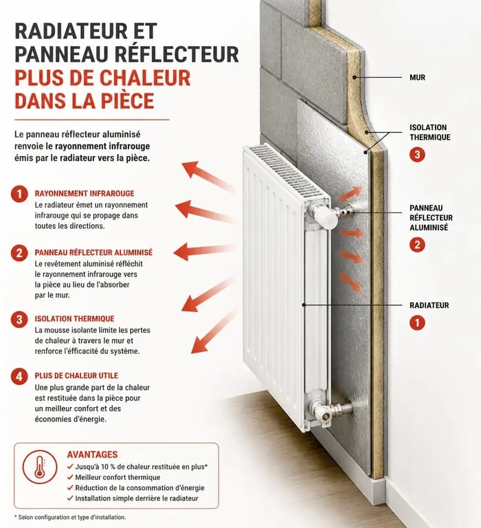 Fonctionnement d'un panneau réflecteur de radiateur pour limiter les déperditions de chaleur