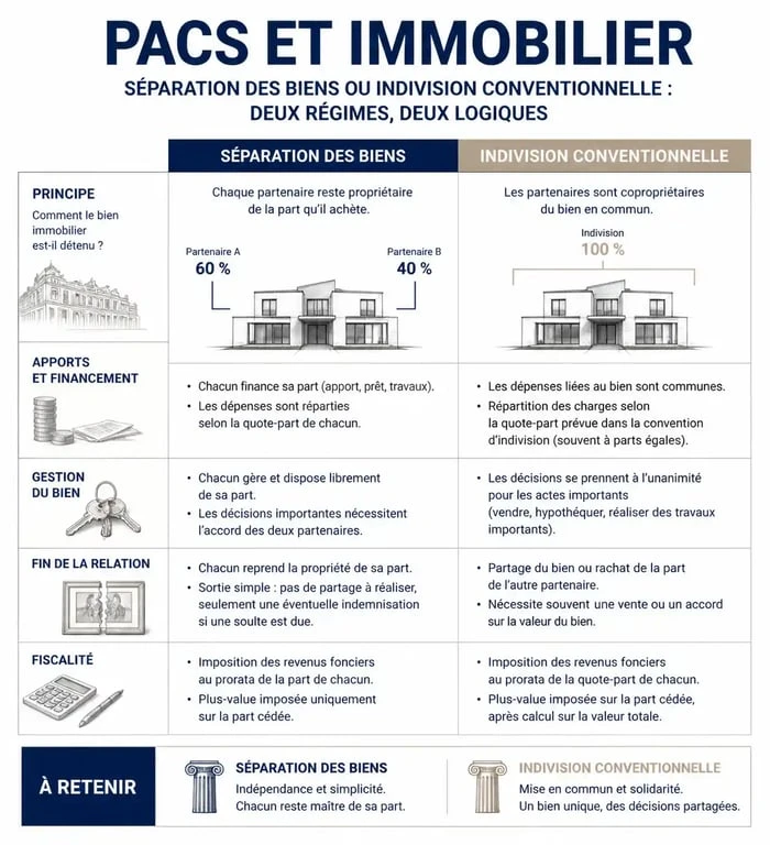Infographie comparative des régimes de séparation des biens et d'indivision pour un achat immobilier sous PACS