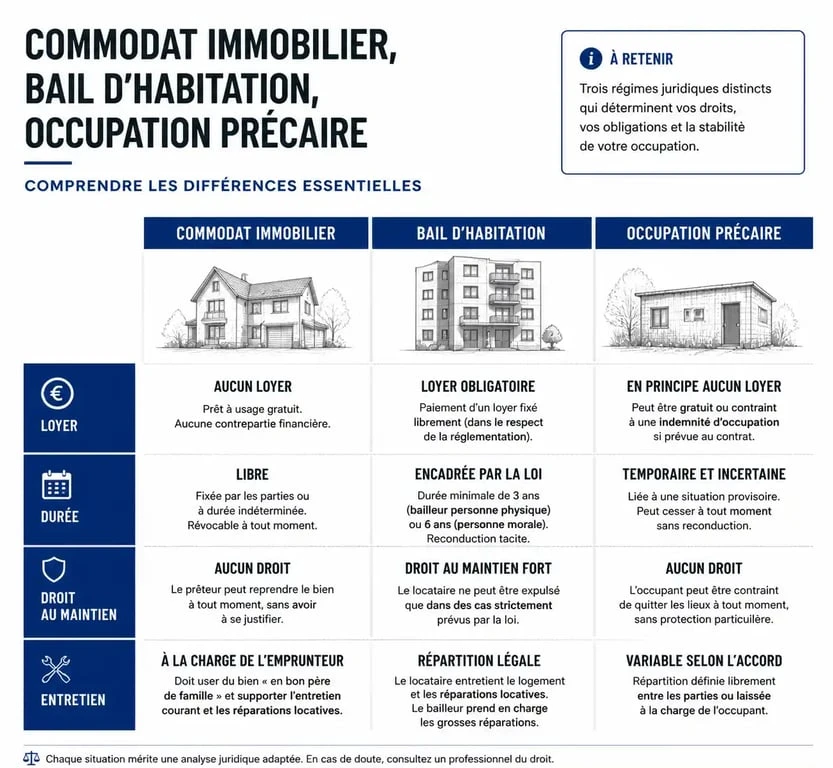 Tableau comparatif des différences entre commodat immobilier, bail et occupation précaire