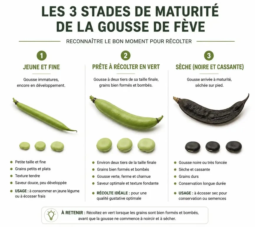 Infographie illustrant les différents stades de maturité pour savoir quand récolter les fèves au potager