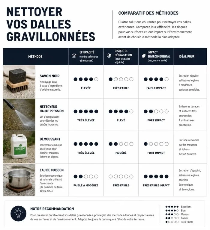 Tableau comparatif des méthodes pour nettoyer des dalles gravillonnées noircies : efficacité, risques et impact écologique.