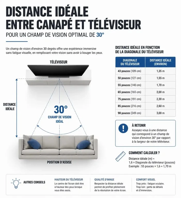 Infographie illustrant la distance idéale entre la TV et le canapé pour un confort visuel optimal