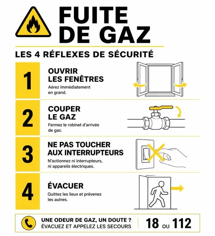 Infographie des gestes de sécurité en cas de fuite de gaz