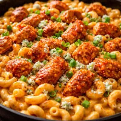 Creamy mac and cheese topped with buffalo chicken bites and green onions.