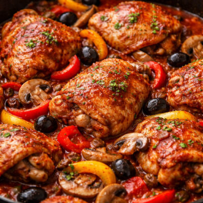 Delicious chicken cacciatore with peppers, mushrooms, and olives in a rich sauce.