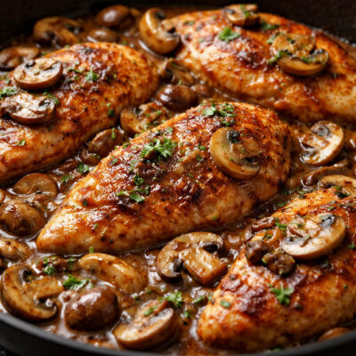 Chicken Marsala with mushrooms and herbs in a skillet.