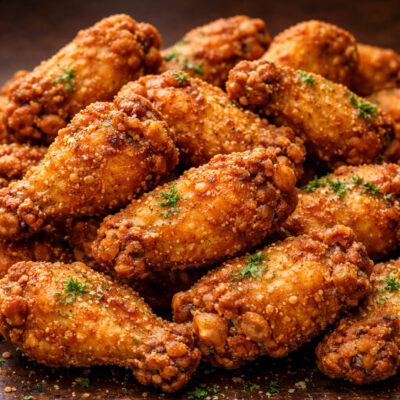 Golden crispy fried chicken wings garnished with parsley.