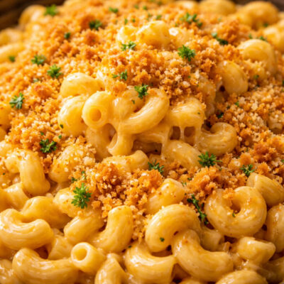 Close-up of creamy mac and cheese topped with breadcrumbs and parsley.