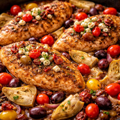 Baked Mediterranean chicken breasts with cherry tomatoes, olives, artichokes, and herbs.