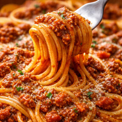 Close-up of spaghetti with rich Bolognese sauce and herbs on a fork.
