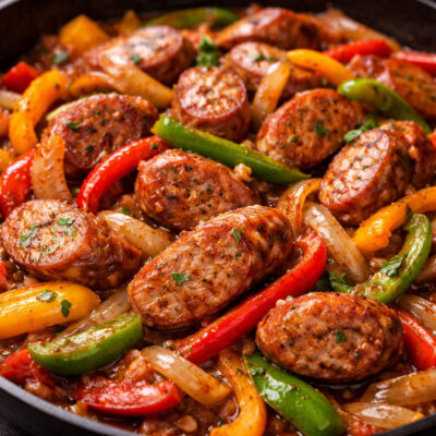 Cooked sausage with colorful peppers and onions in a skillet.