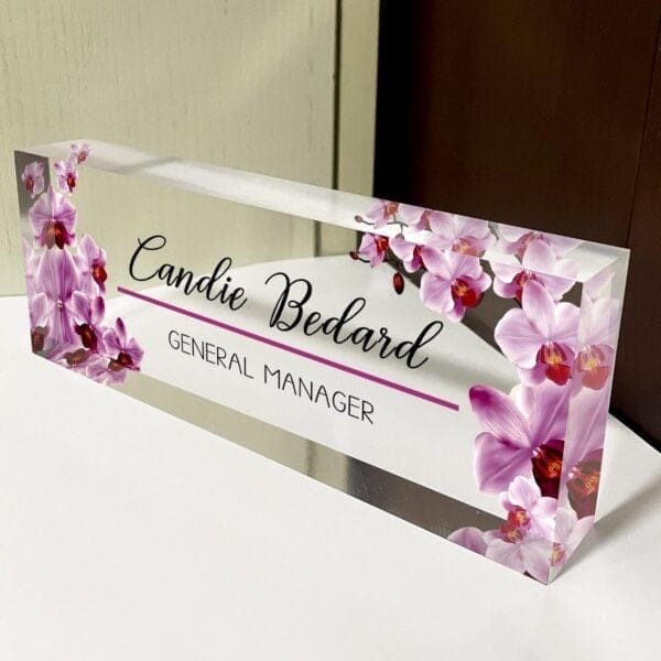 Name Plate for Desk Personalized Custom Desk Name Plate Clear Acrylic Glass Customized Desk Nameplate Name Plaque Sign Home Office Desk Decor,8″x2.5″x1.2″,Orchid 2