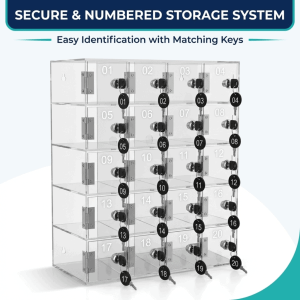 Secure numbered storage lockers with matching keys for organized storage solutions.