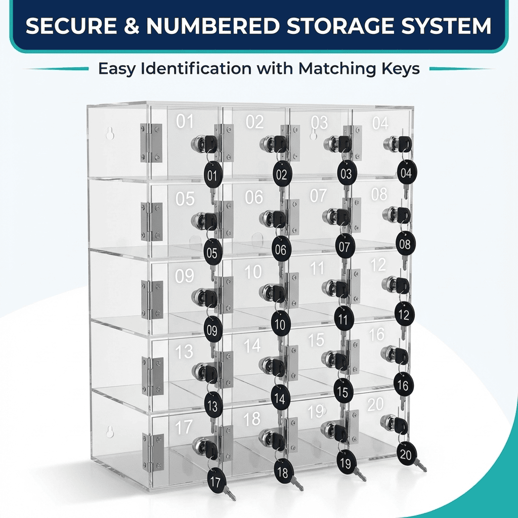 Secure numbered storage lockers with matching keys for organized storage solutions.