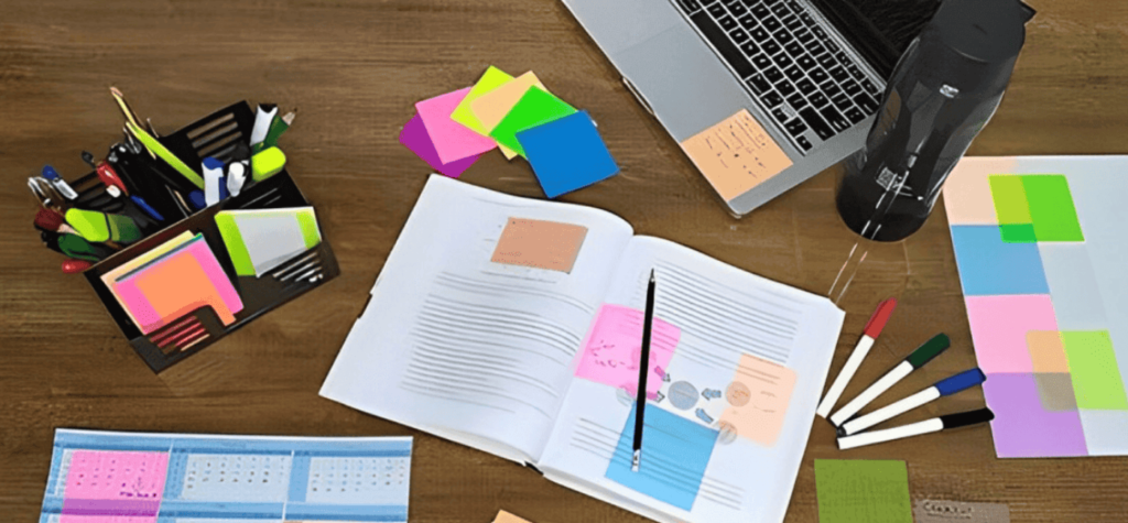 Workspace with colorful sticky notes, open notebook, and laptop for brainstorming ideas.