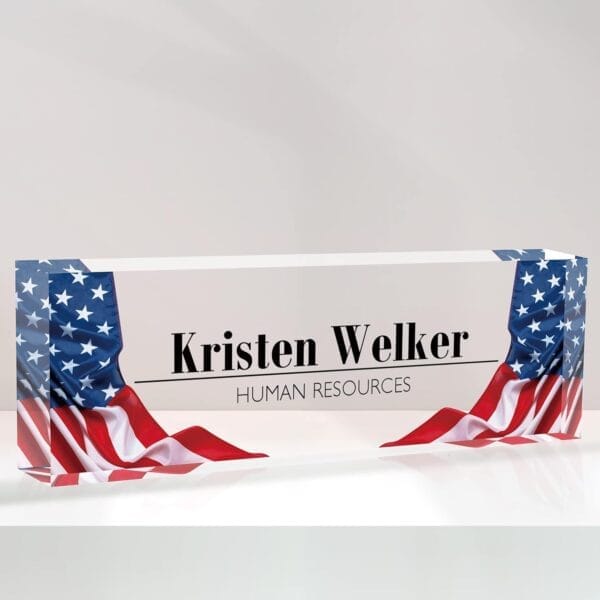 Desk Name Plate Personalized, Custom Name Plates for Desks, Premium American Flag Acrylic Desk Name Plate, Office Desk Decor for Women or Men Coworkers, Boss, Employee, Teacher (Flag2)